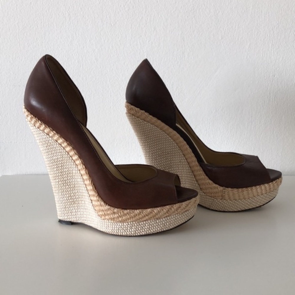 RACHEL ZOE BROWN LEATHER HEEL PLATFORM SHOES, SIZE 39